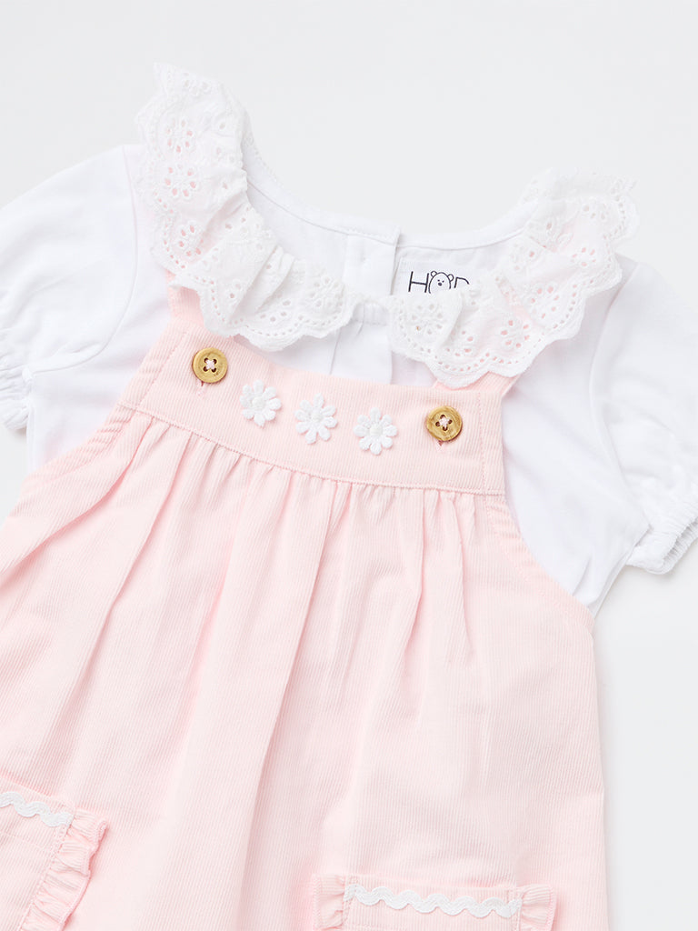 HOP Baby Girls Pink Embroidered Cotton T-Shirt and Pinafore Set