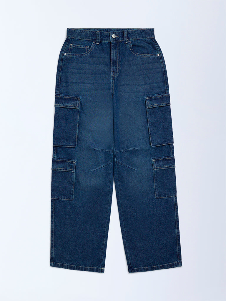 Boys Dark Blue Cargo-Style Mid-Rise Jeans