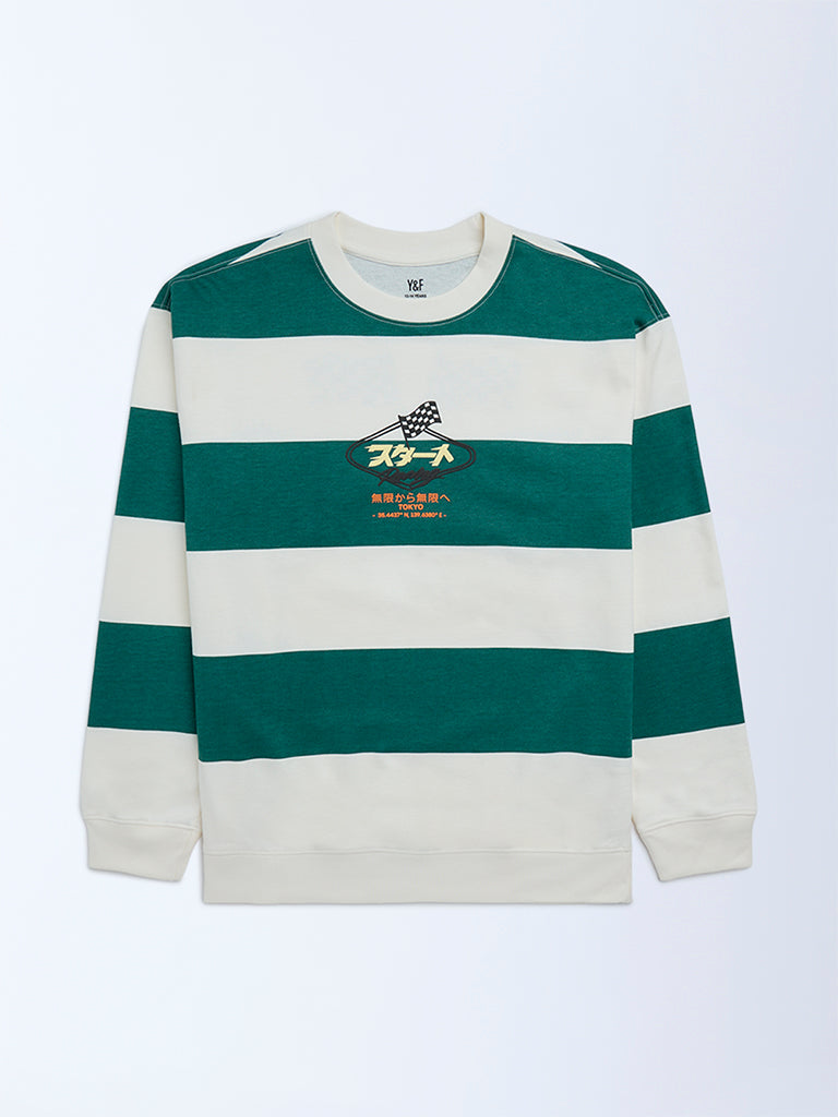 Boys Dark Green Striped Cotton Sweatshirt