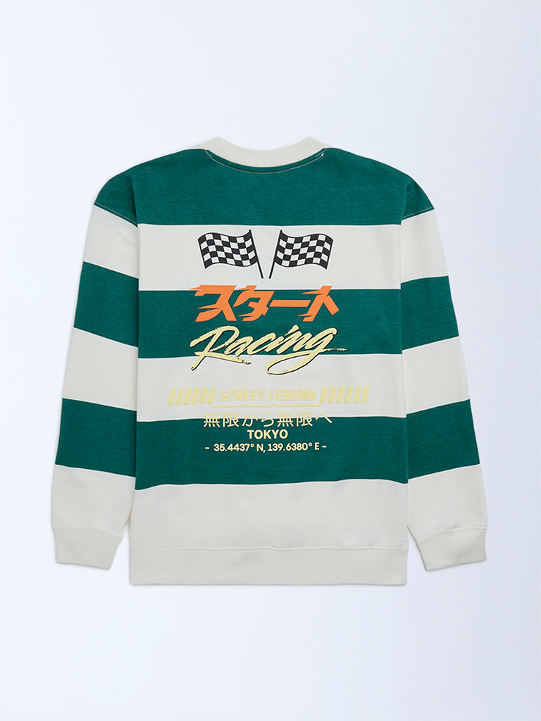 Boys Dark Green Striped Cotton Sweatshirt