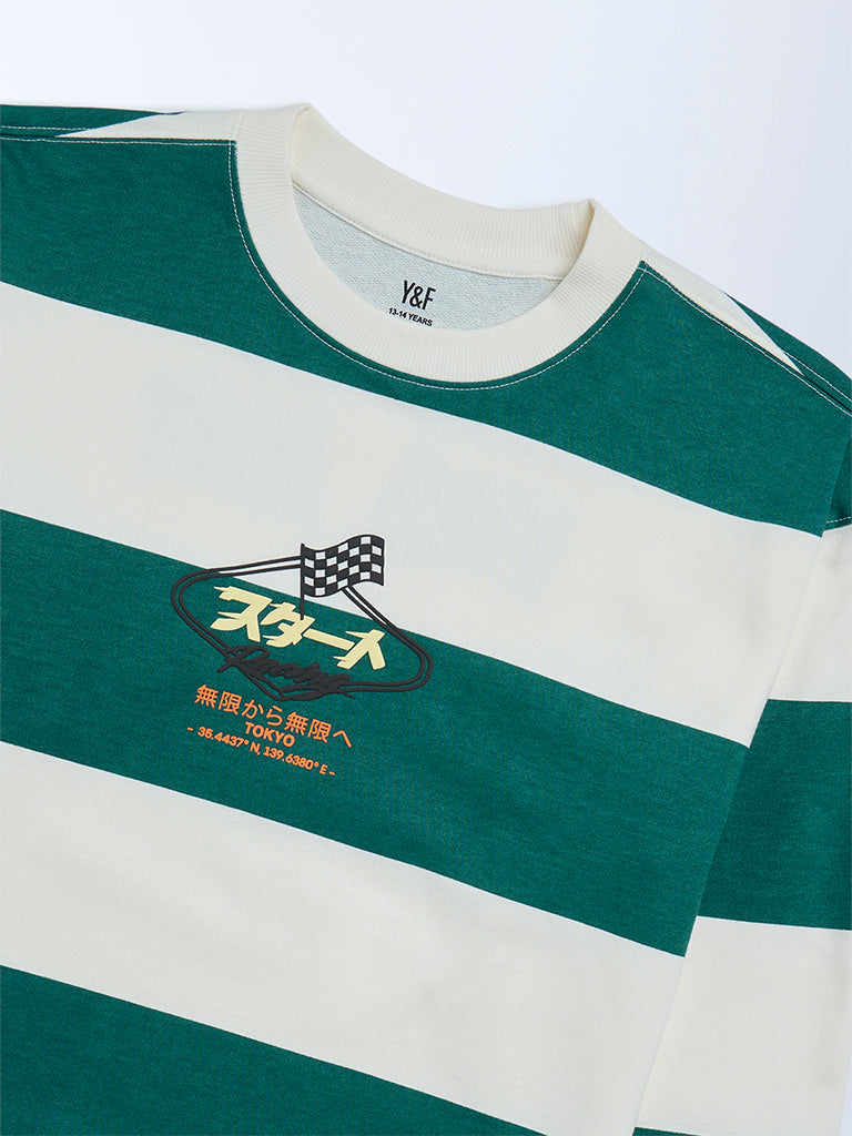 Boys Dark Green Striped Cotton Sweatshirt