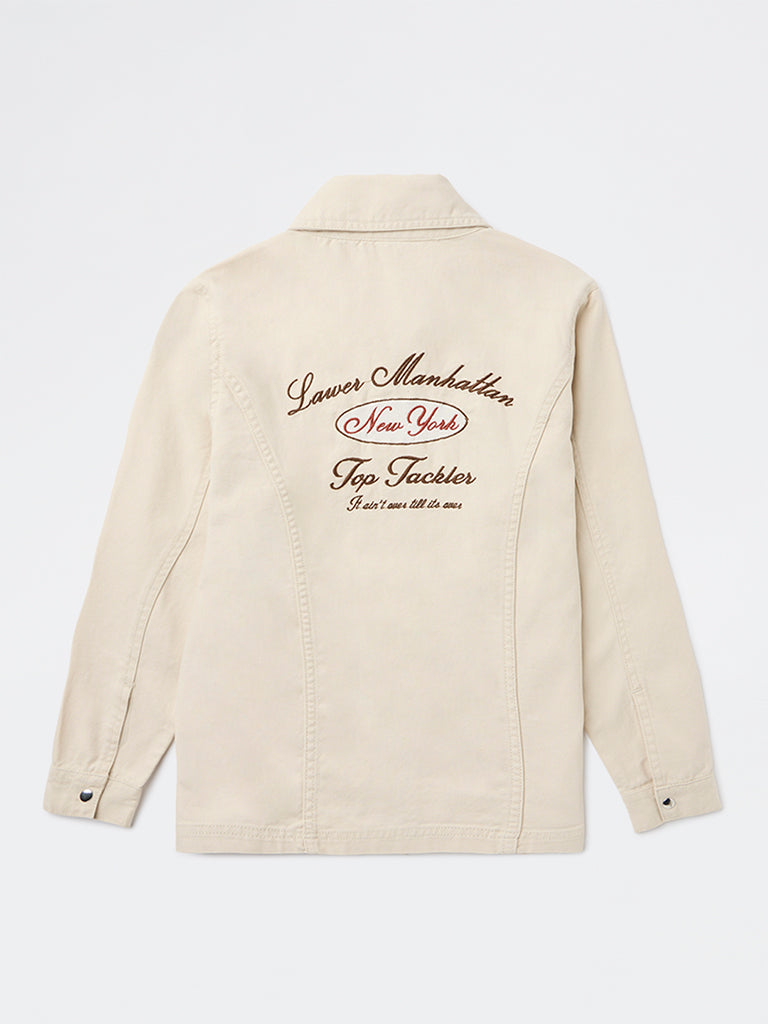 Y&F Kids Boys Beige Text Detailed Denim Jacket