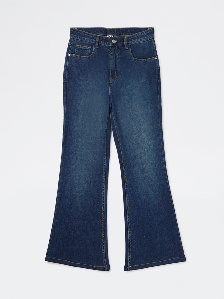 Girls Dark Blue Faded Relaxed-Fit High-Rise Jeans