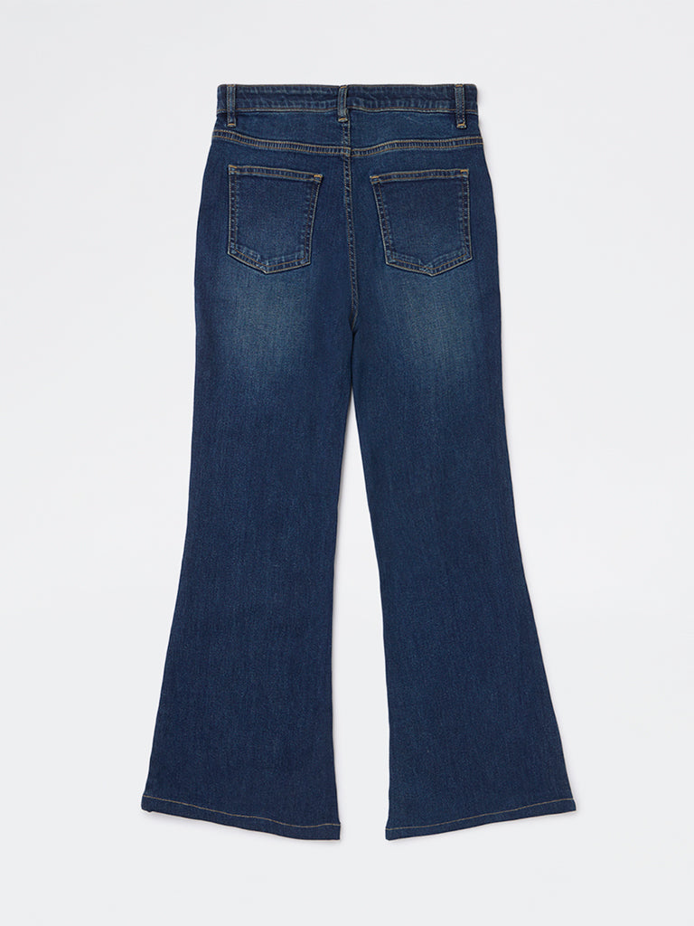 Girls Dark Blue Faded Relaxed-Fit High-Rise Jeans