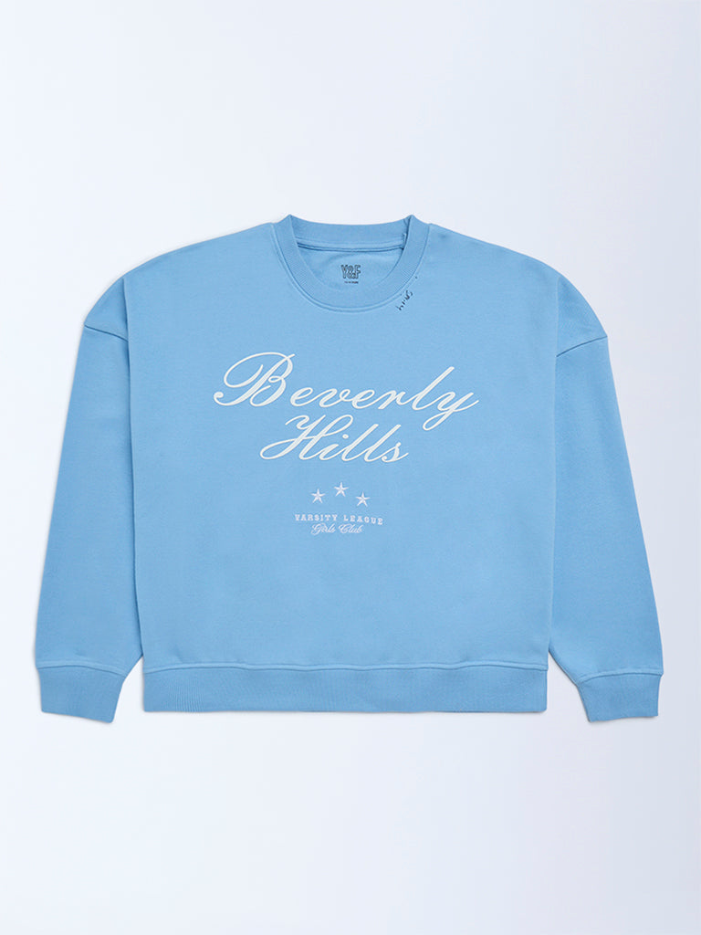 Girls Blue Text Printed Cotton-Blend Sweatshirt