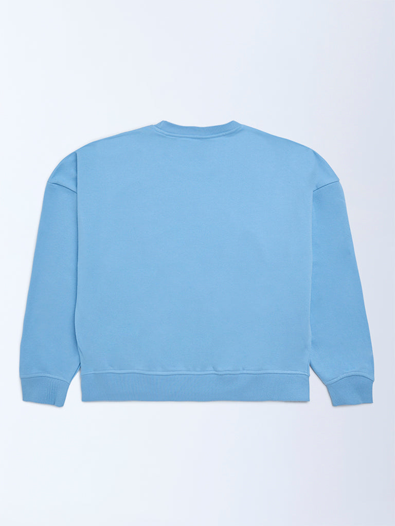 Girls Blue Text Printed Cotton-Blend Sweatshirt