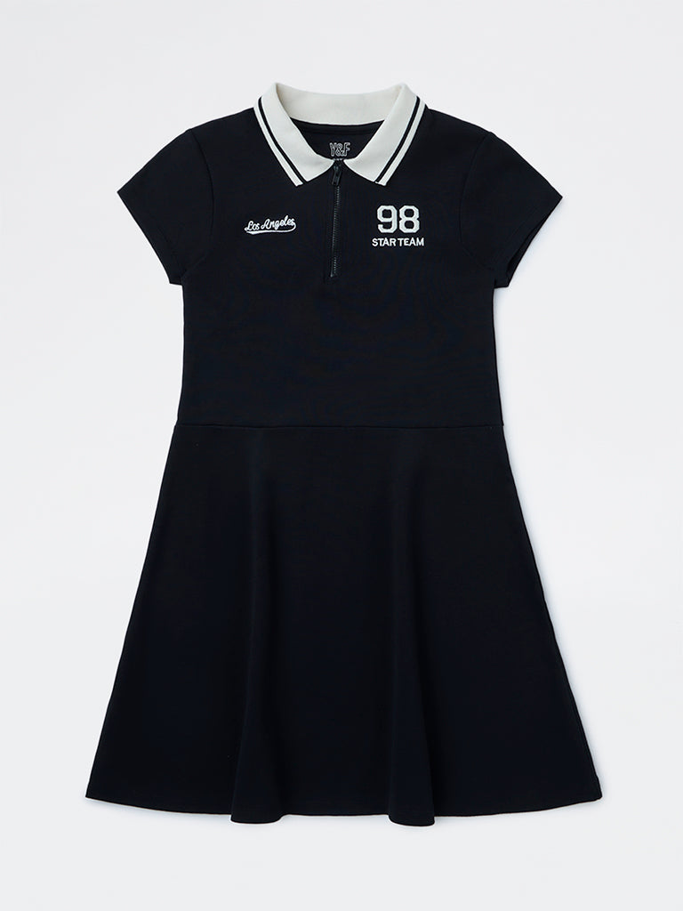 Girls Black Text Embroidered Cotton-Blend Tennis Dress