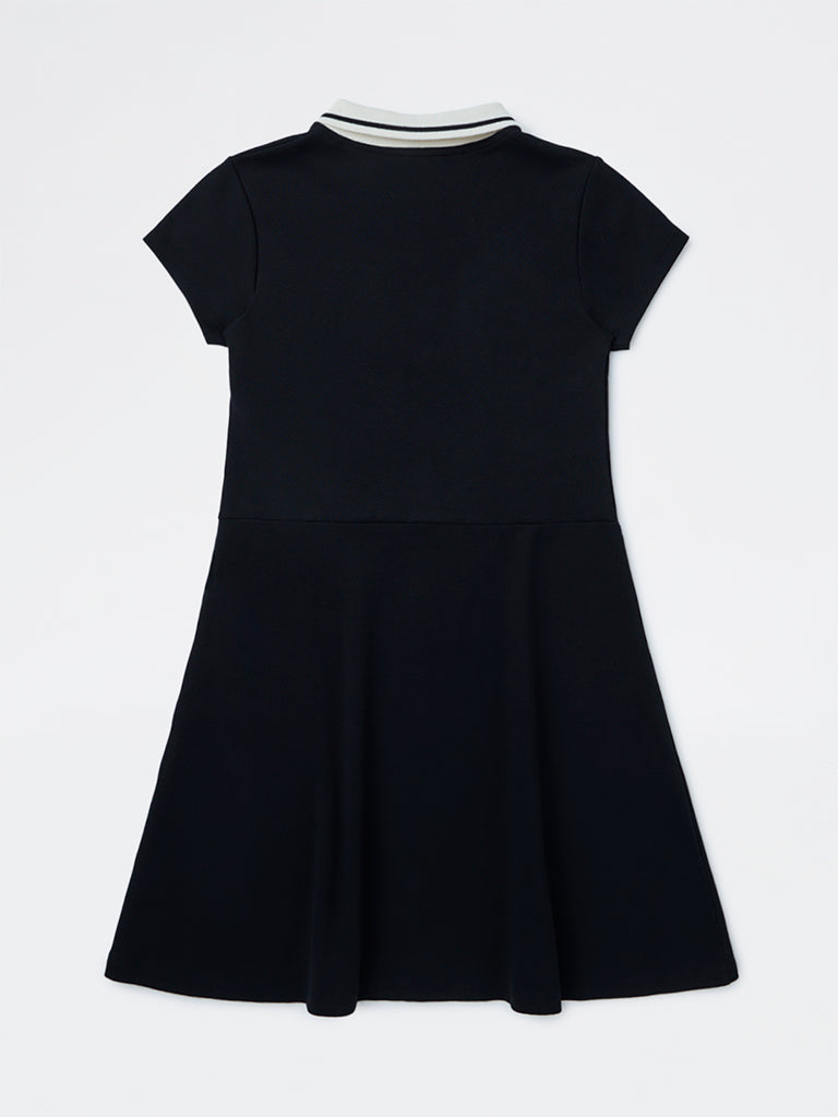 Girls Black Text Embroidered Cotton-Blend Tennis Dress