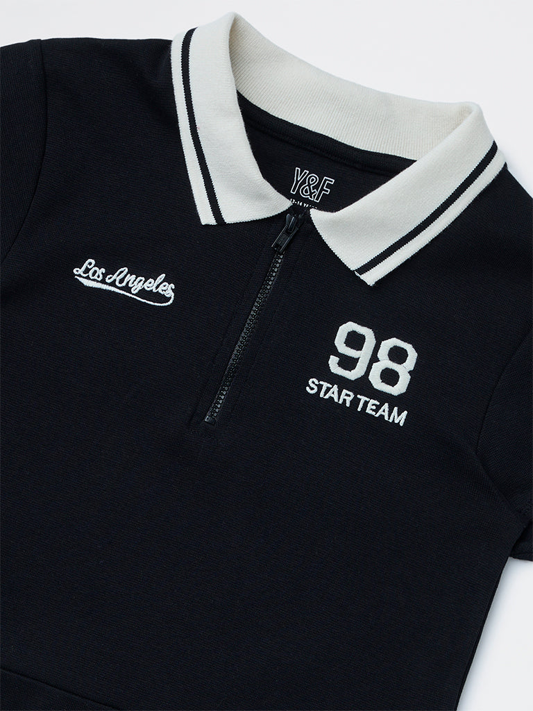 Girls Black Text Embroidered Cotton-Blend Tennis Dress