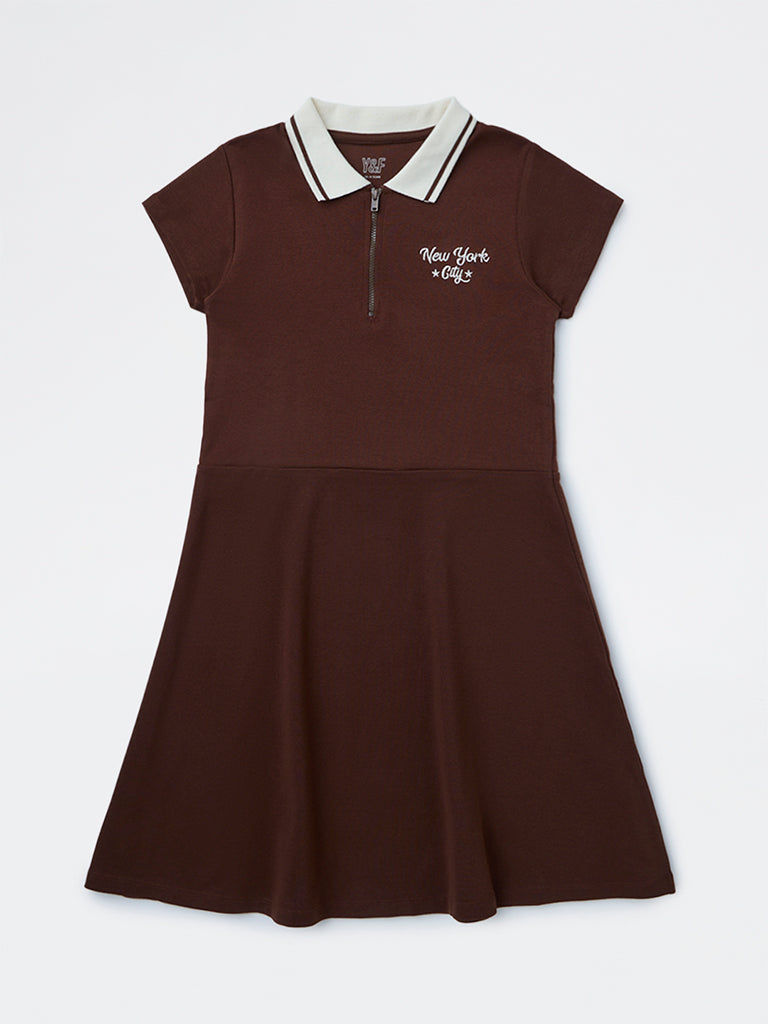 Girls Brown Text Design Cotton-Blend Tennis Dress