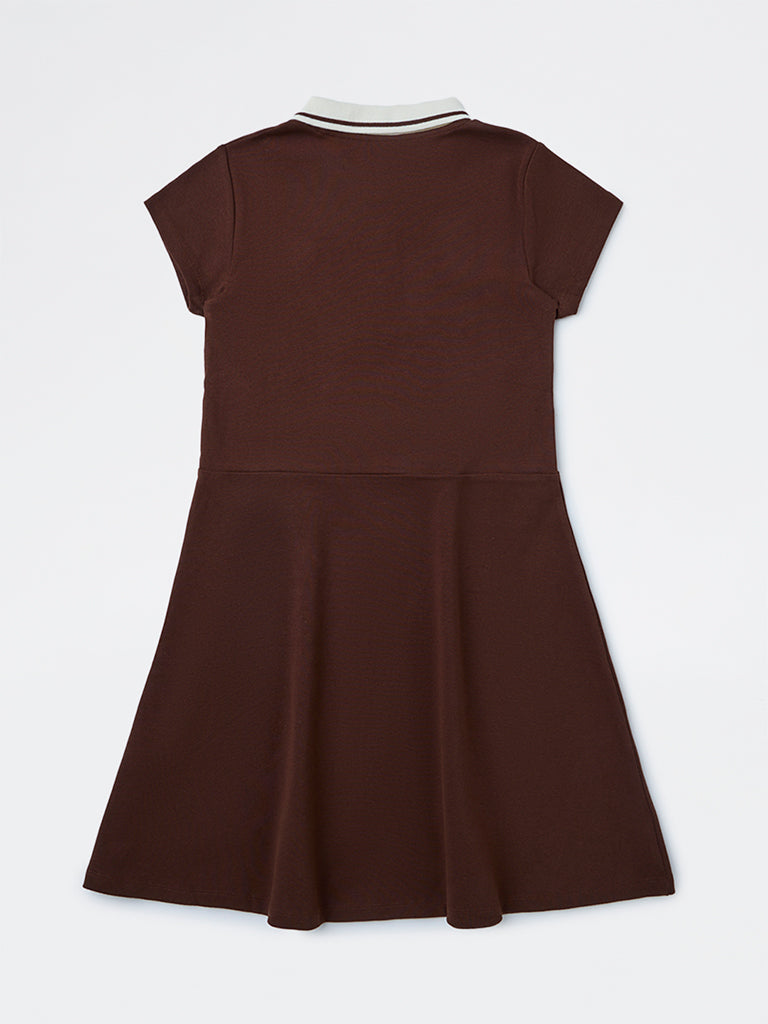 Girls Brown Text Design Cotton-Blend Tennis Dress