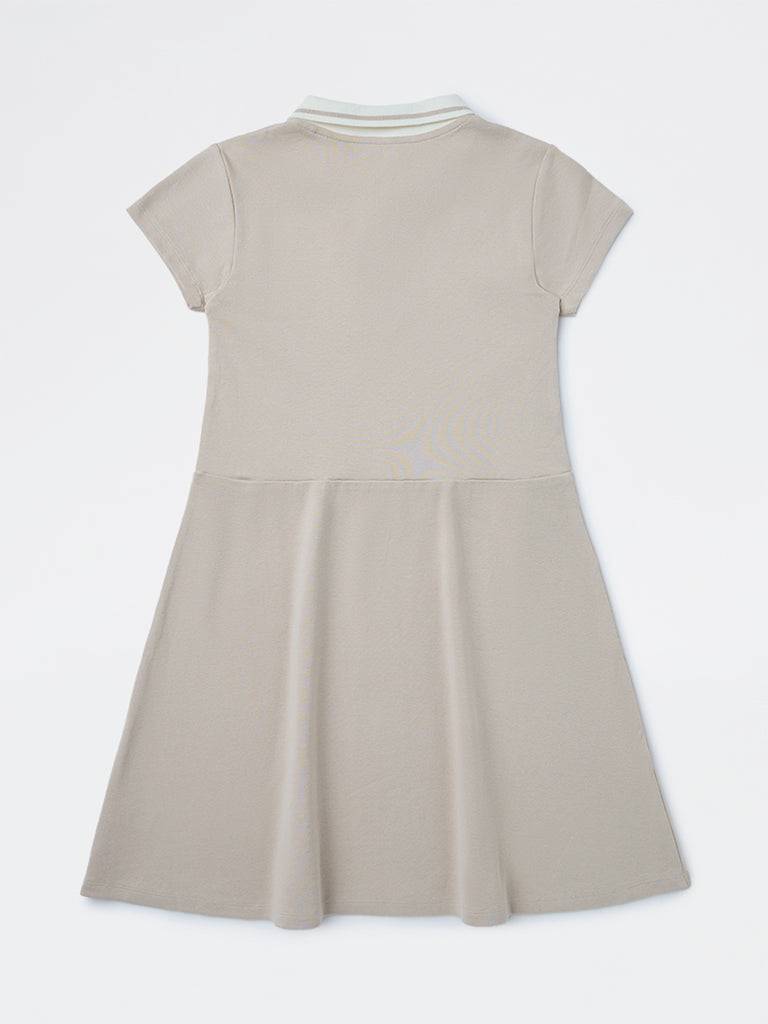 Girls Beige Text Design Cotton-Blend Tennis Dress