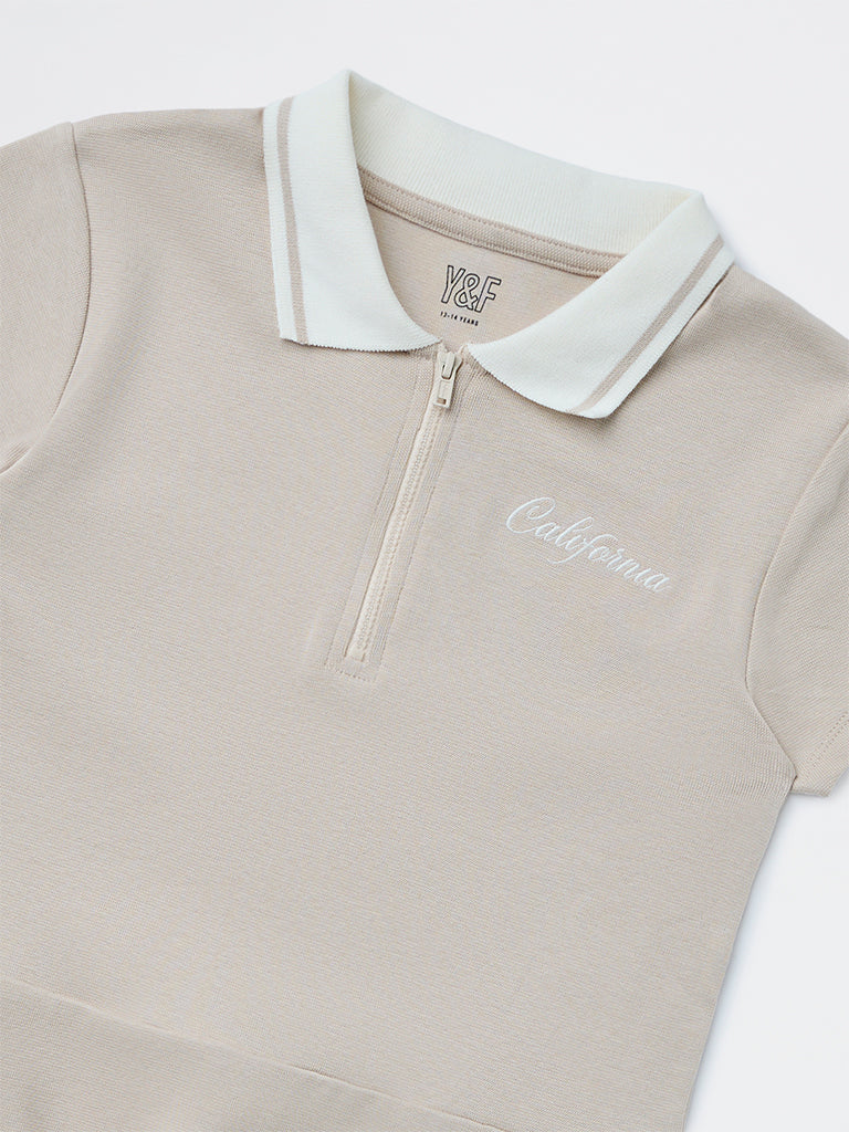 Girls Beige Text Design Cotton-Blend Tennis Dress