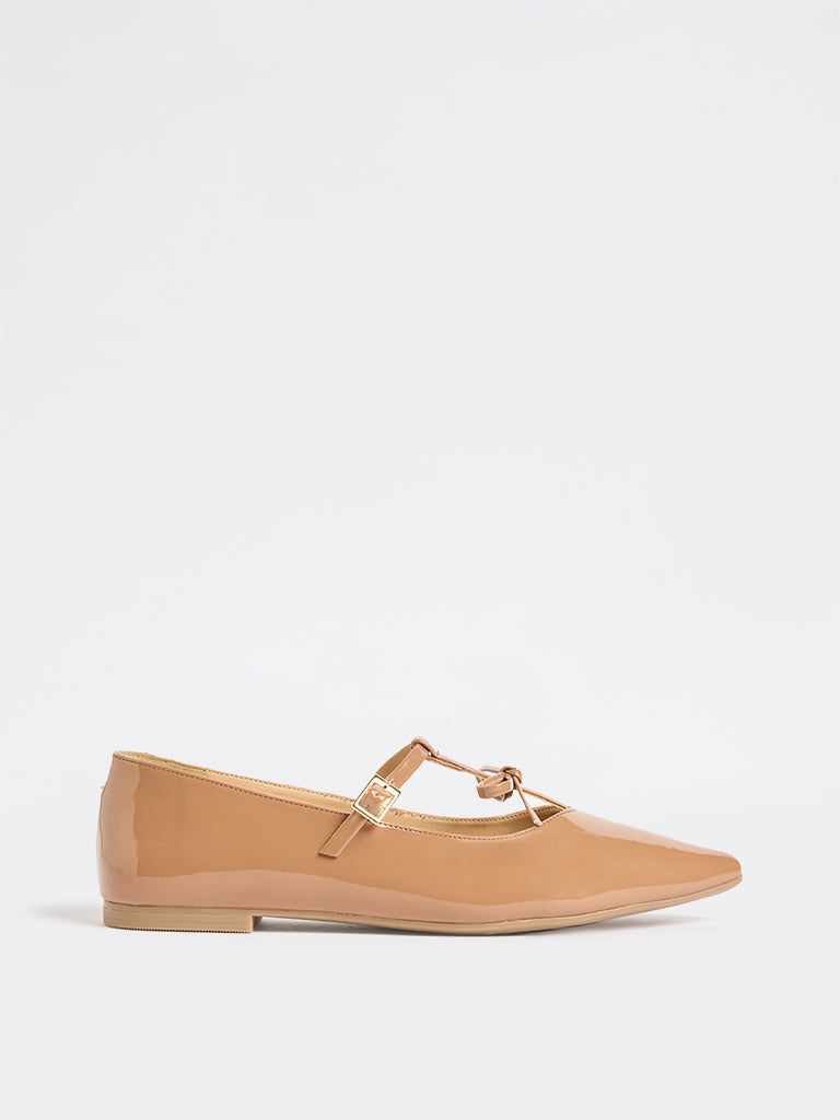 LUNA BLU Tan Bow-Detailed Mary Jane Shoes