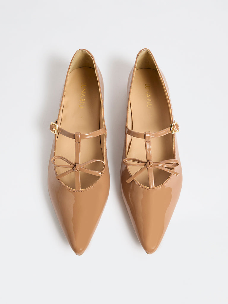 LUNA BLU Tan Bow-Detailed Mary Jane Shoes
