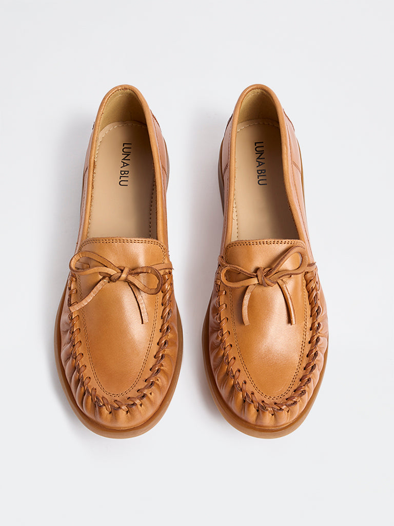 LUNA BLU Tan Bow-Detailed Loafers