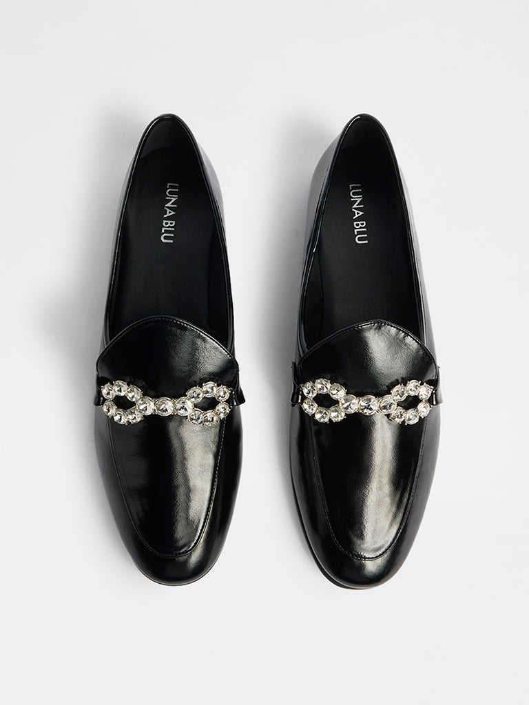 LUNA BLU Black Diamante Embellished Loafers