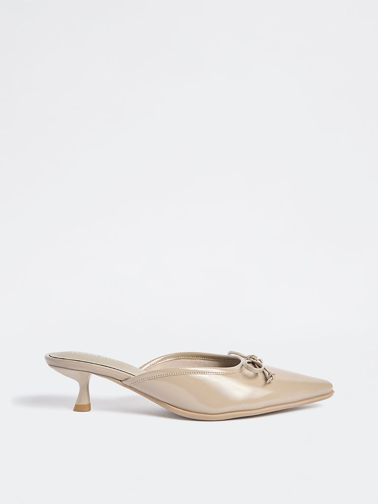 LUNA BLU Taupe Bow-Detailed Kitten Heel Mules