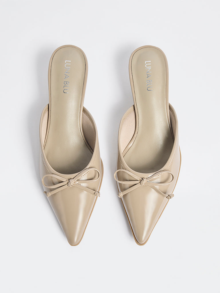 LUNA BLU Taupe Bow-Detailed Kitten Heel Mules
