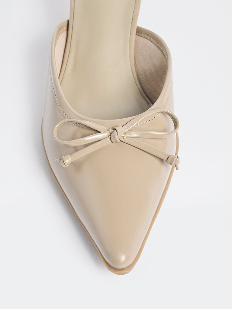 LUNA BLU Taupe Bow-Detailed Kitten Heel Mules
