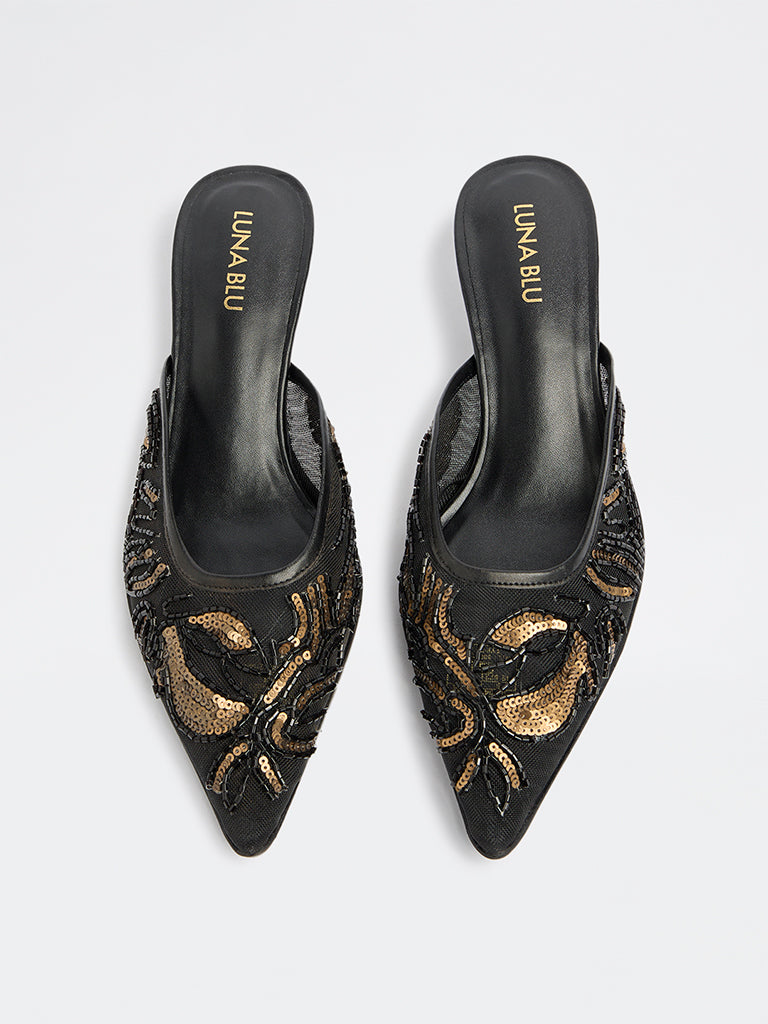 LUNA BLU Black Embellished Heel Mules