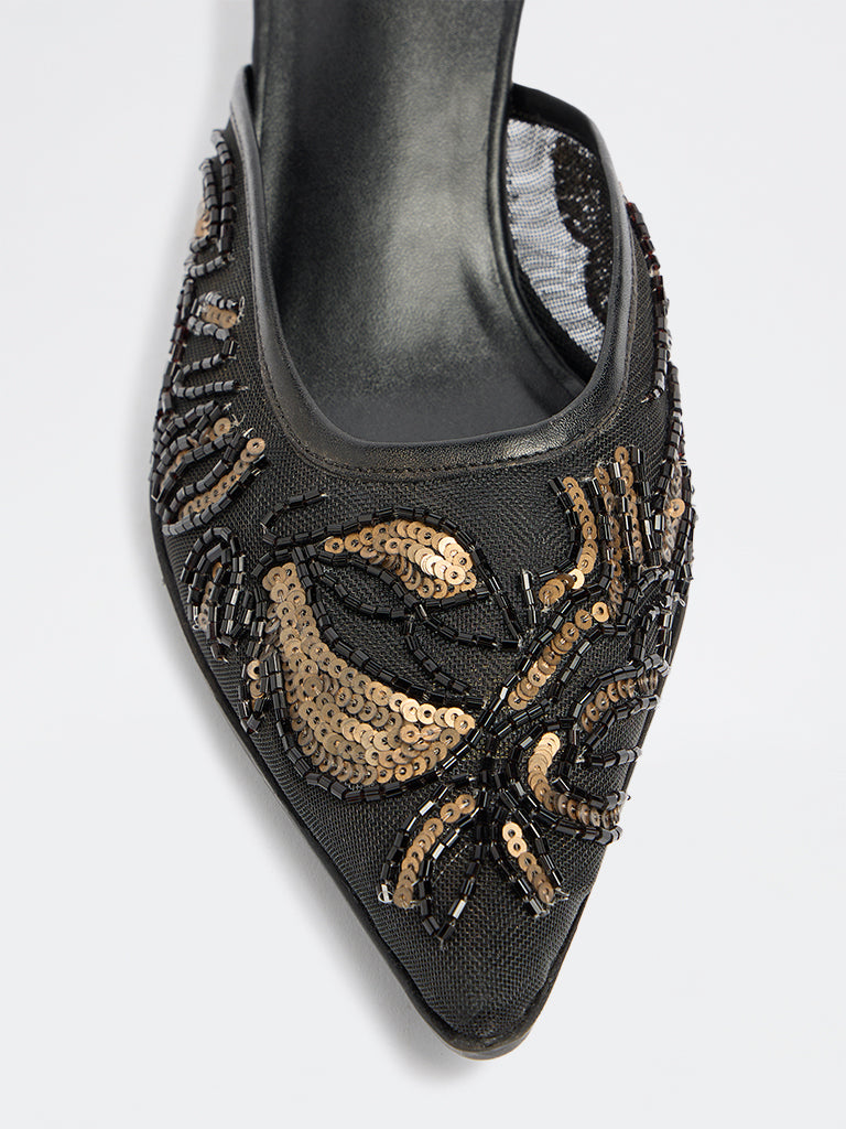 LUNA BLU Black Embellished Heel Mules