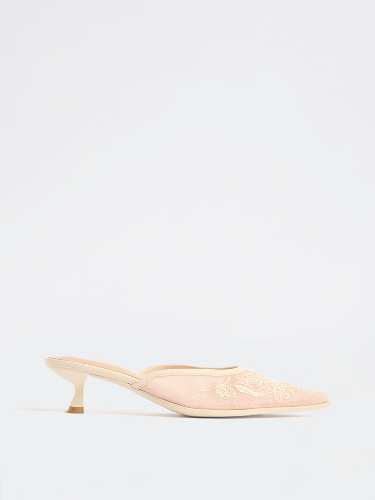 LUNA BLU Ivory Embroidered Kitten Heel Mules