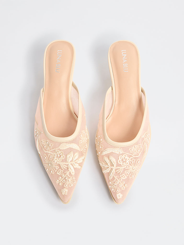 LUNA BLU Ivory Embroidered Kitten Heel Mules