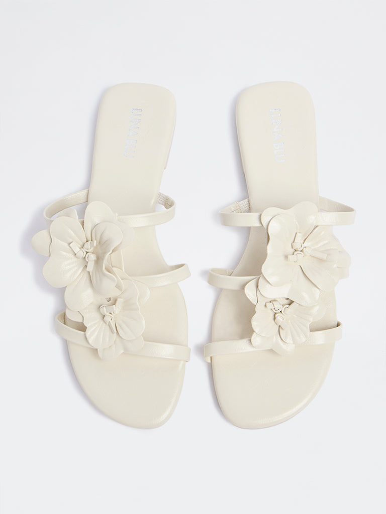 LUNA BLU Ivory Floral Detailed Multi-Strap Slides