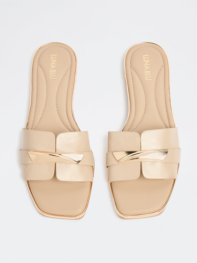 LUNA BLU Beige Metallic Detailed Slides
