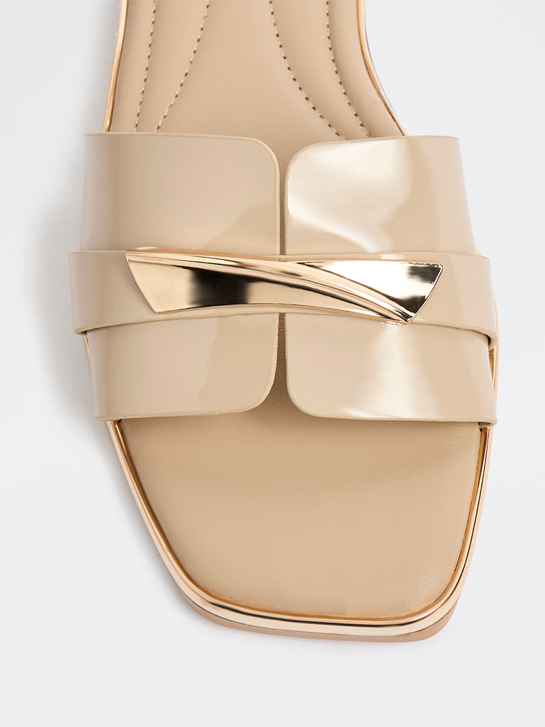 LUNA BLU Beige Metallic Detailed Slides