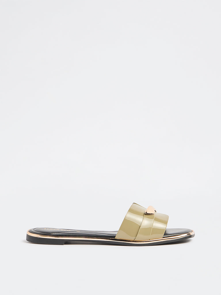 LUNA BLU Olive Metal-Detail Slides