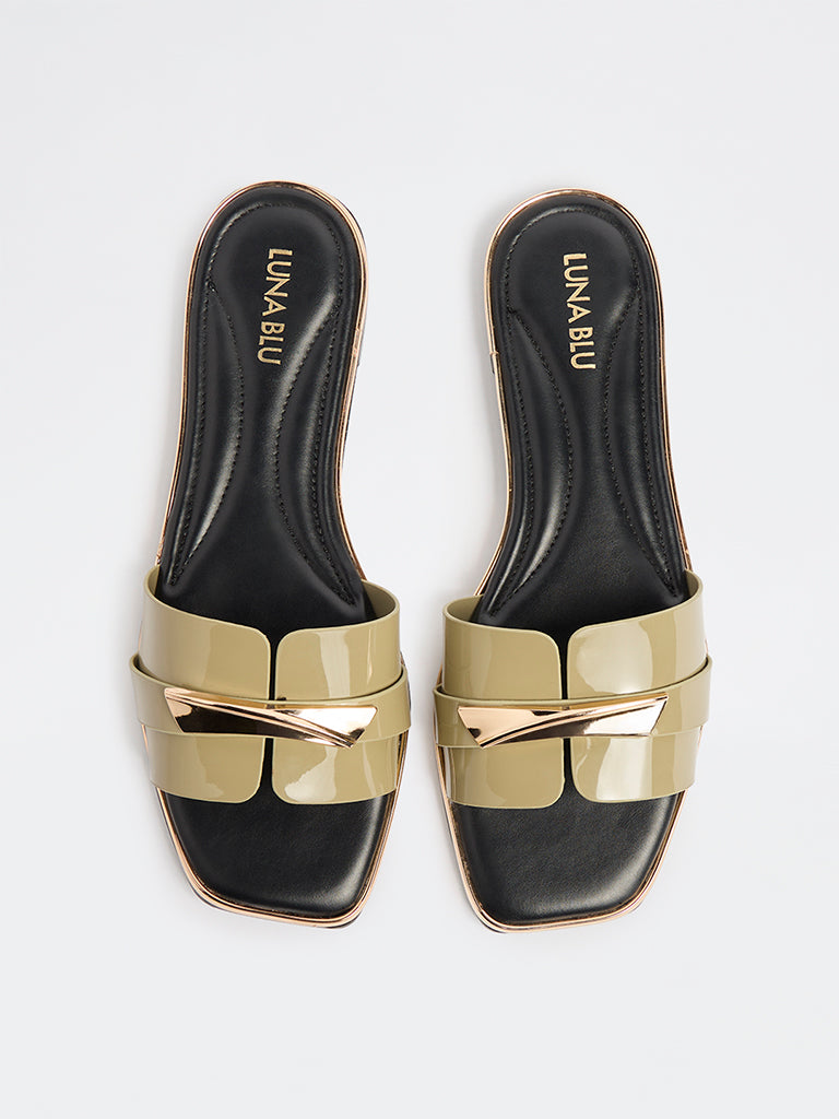 LUNA BLU Olive Metal-Detail Slides