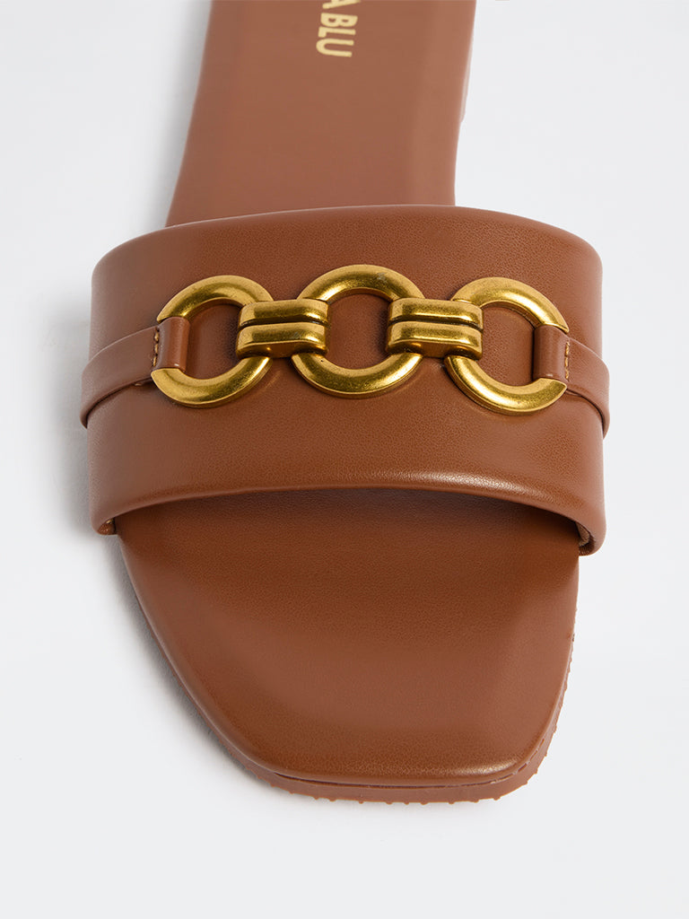 LUNA BLU Tan Buckle-Detailed Slides