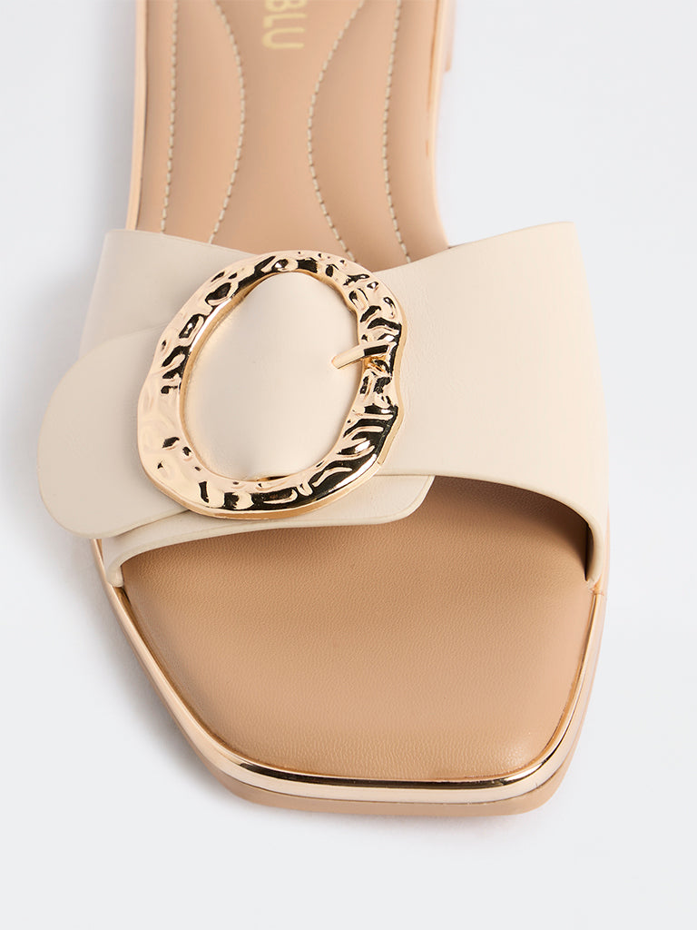 LUNA BLU Cream Buckle-Detailed Slides
