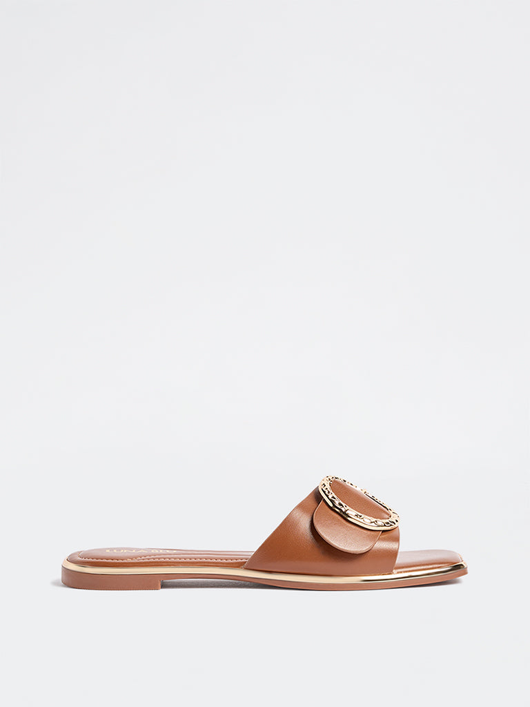 LUNA BLU Tan Buckle-Detailed Slides