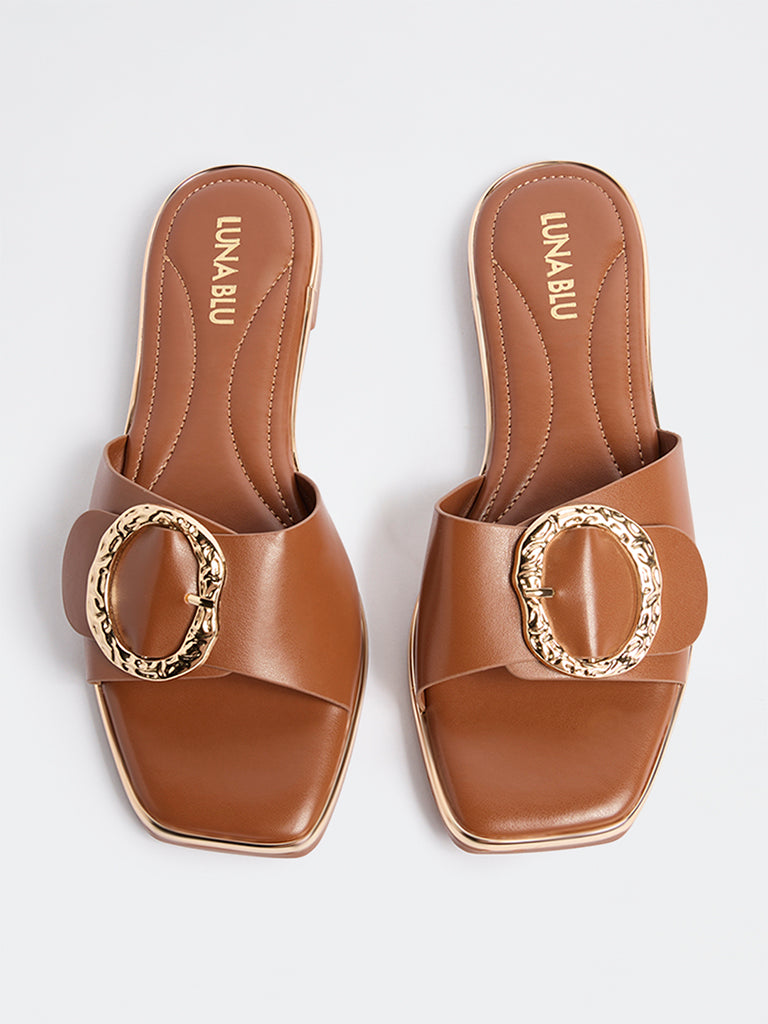 LUNA BLU Tan Buckle-Detailed Slides