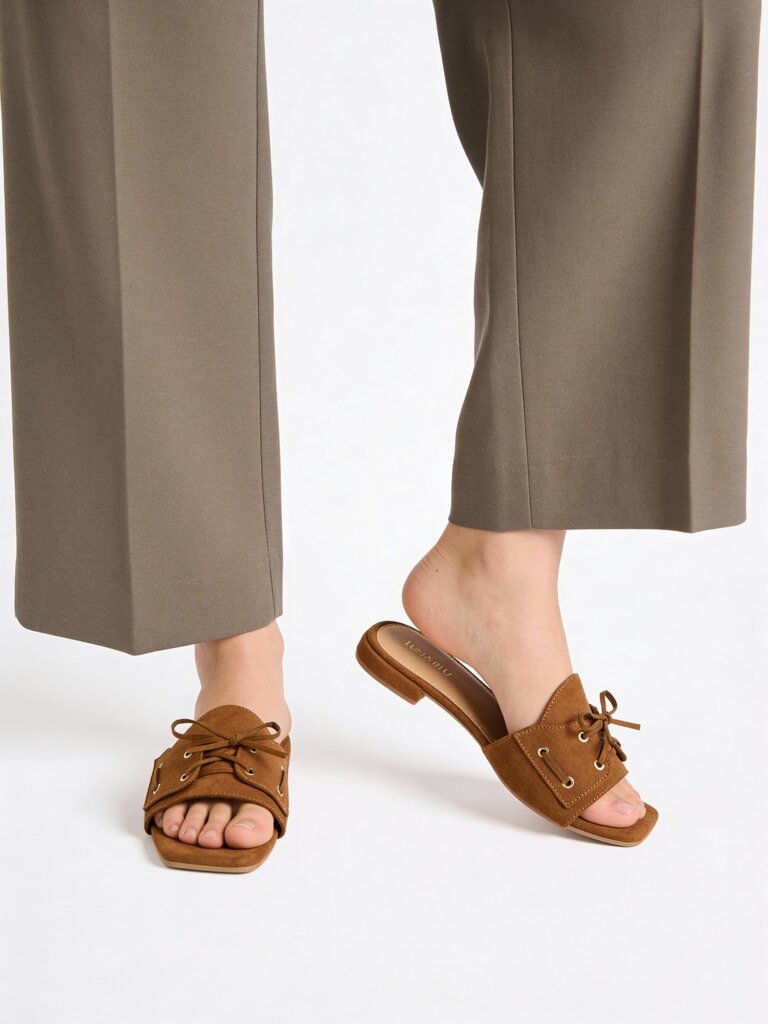 LUNA BLU Tan Lace-Detailed Suede Slides