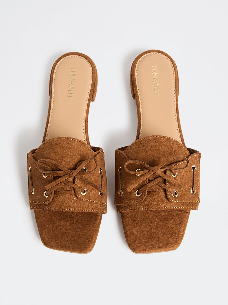 LUNA BLU Tan Lace-Detailed Suede Slides