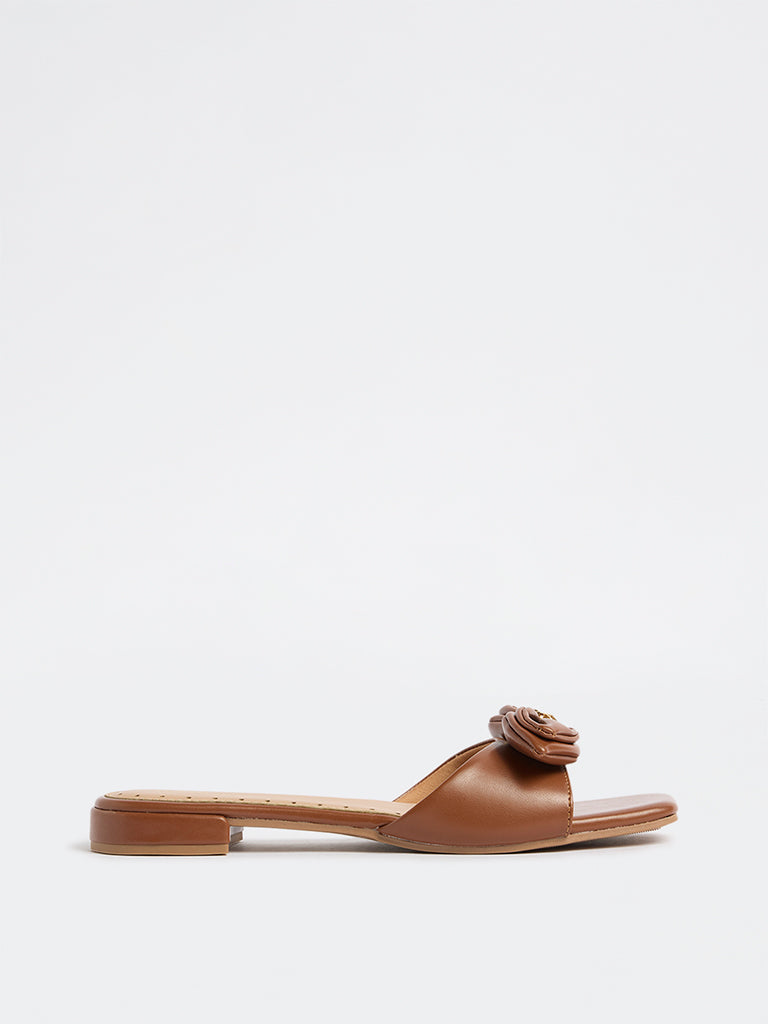 LUNA BLU Tan Bow-Detailed Slides