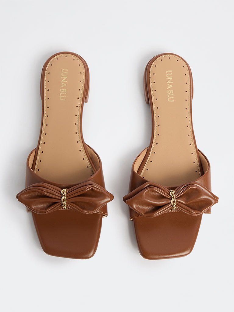 LUNA BLU Tan Bow-Detailed Slides