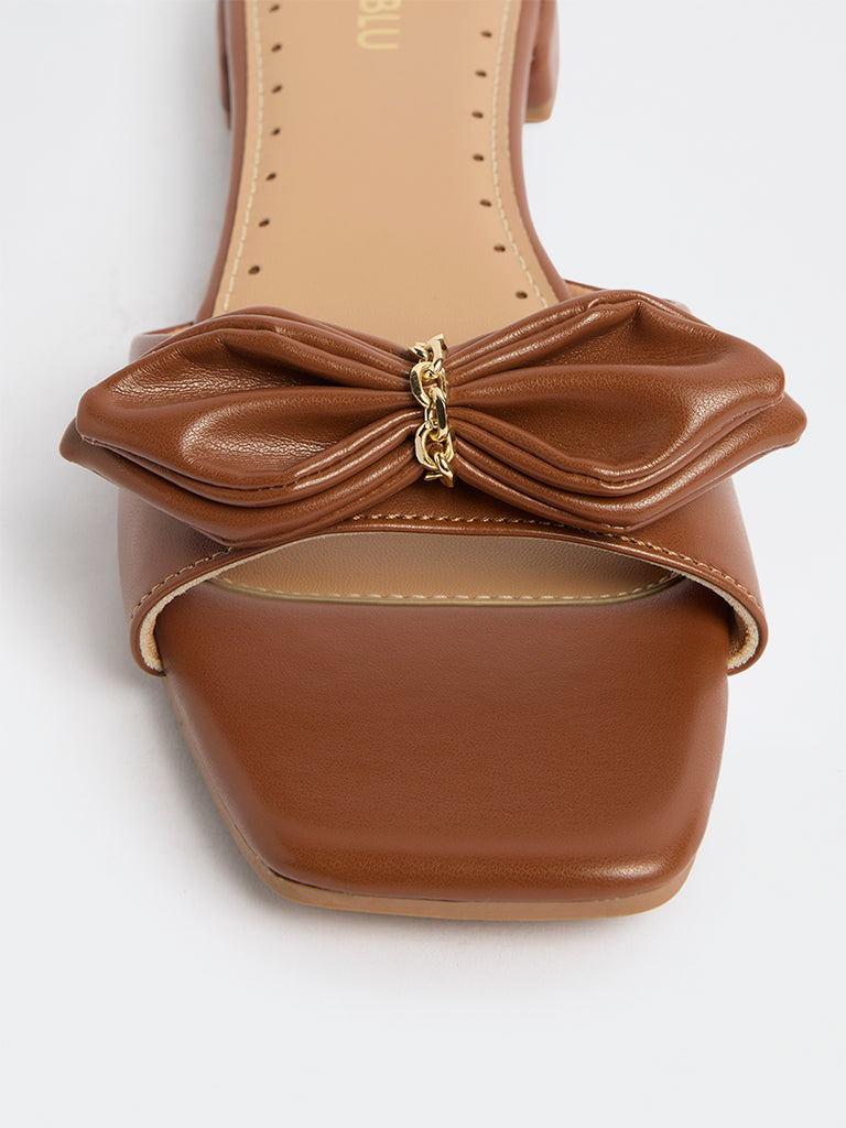 LUNA BLU Tan Bow-Detailed Slides
