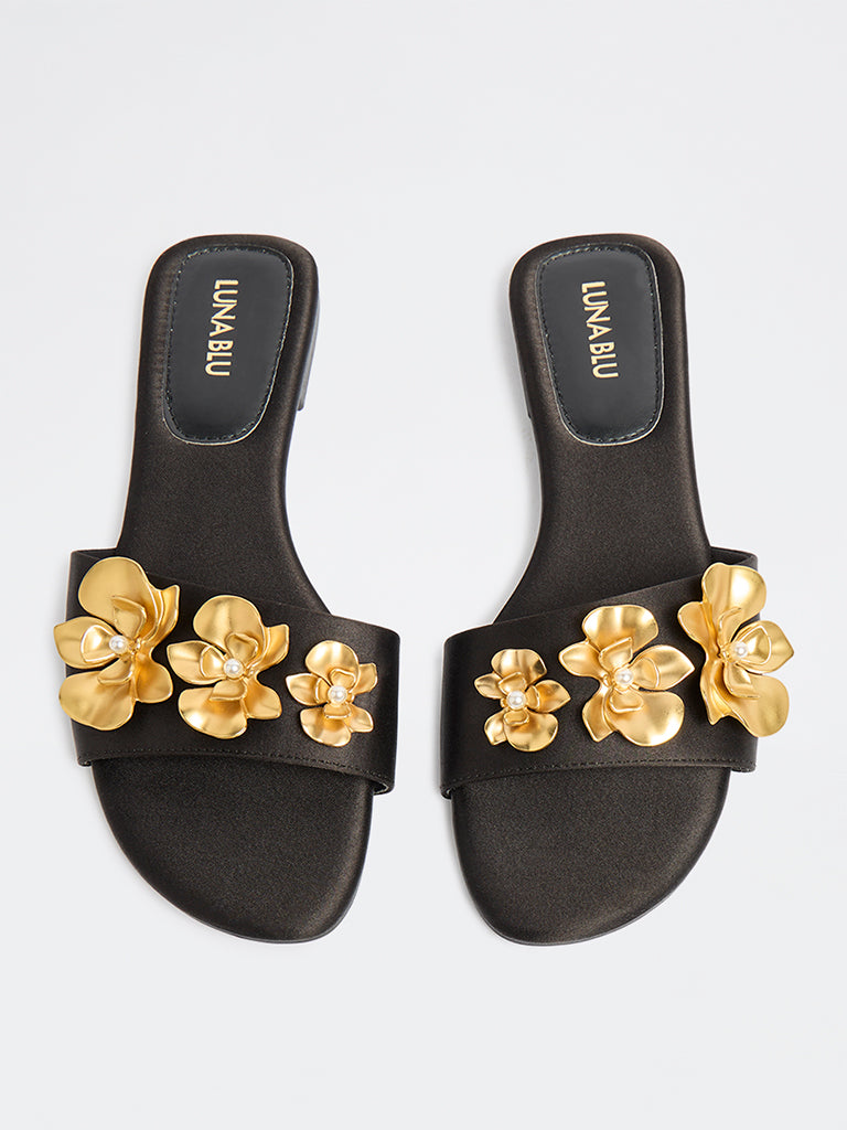 LUNA BLU Black Floral Detailed Slides