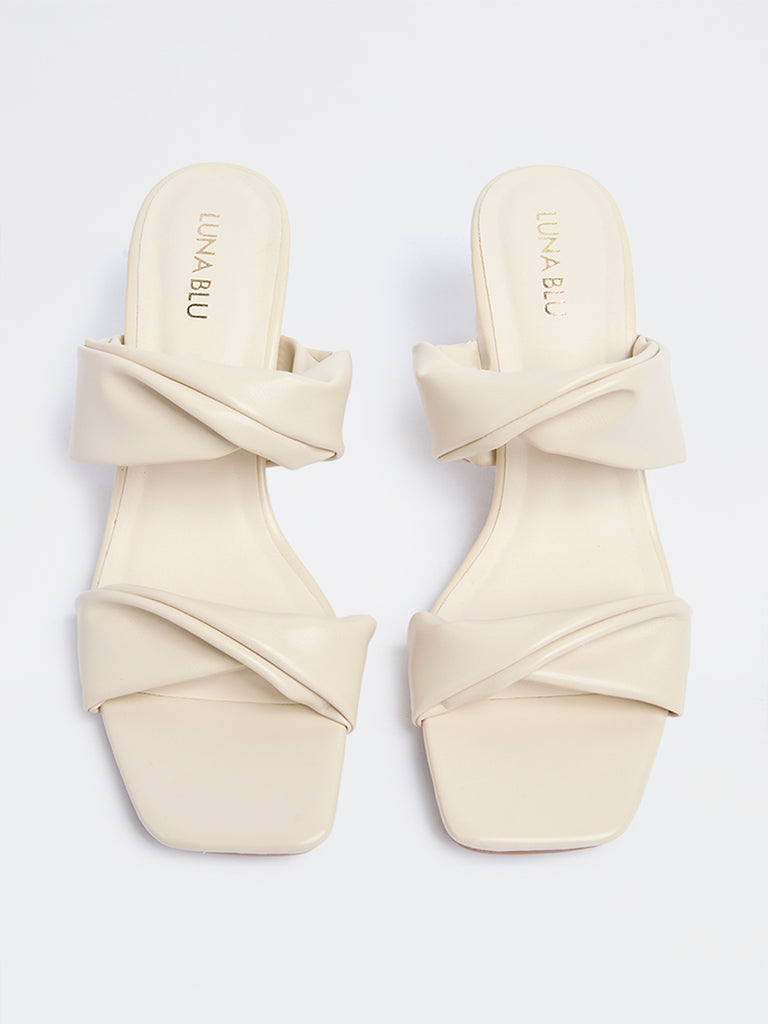 LUNA BLU Ivory Ruched Block-Heel Sandals