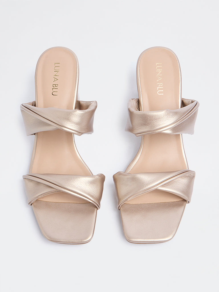 LUNA BLU Rose Gold Ruched Block-Heel Sandals