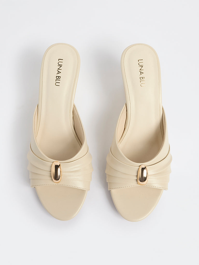 LUNA BLU Ivory Ruched Wedge-Heel Sandals
