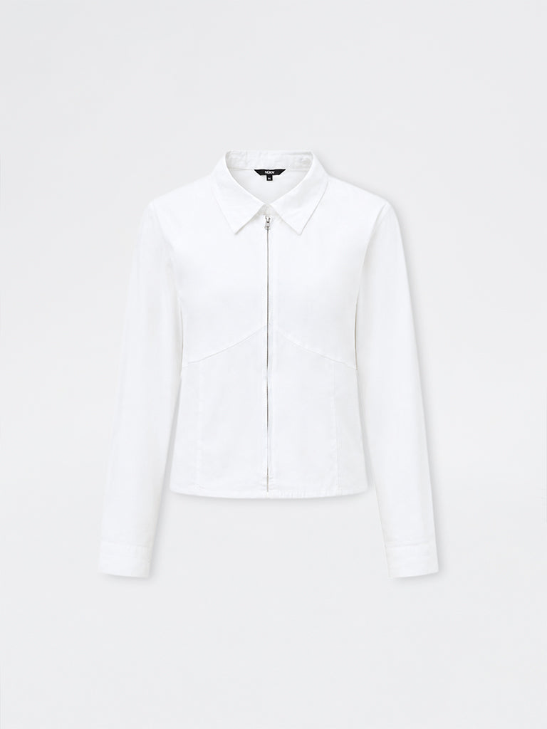 Nuon White Zipper-Front Cotton-Blend Blouse