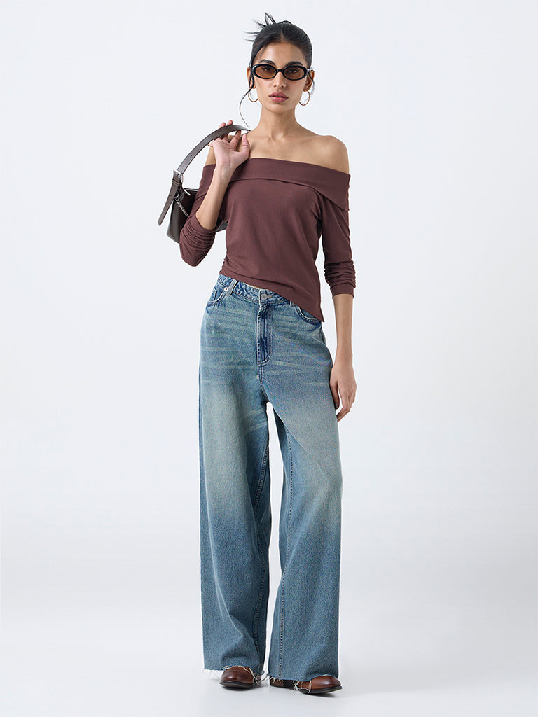 Nuon Brown Ribbed Off-Shoulder Cotton-Blend Top
