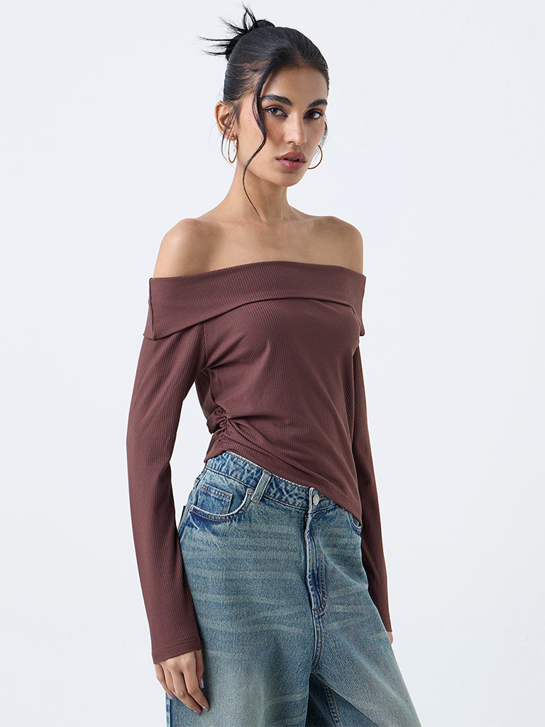 Nuon Brown Ribbed Off-Shoulder Cotton-Blend Top