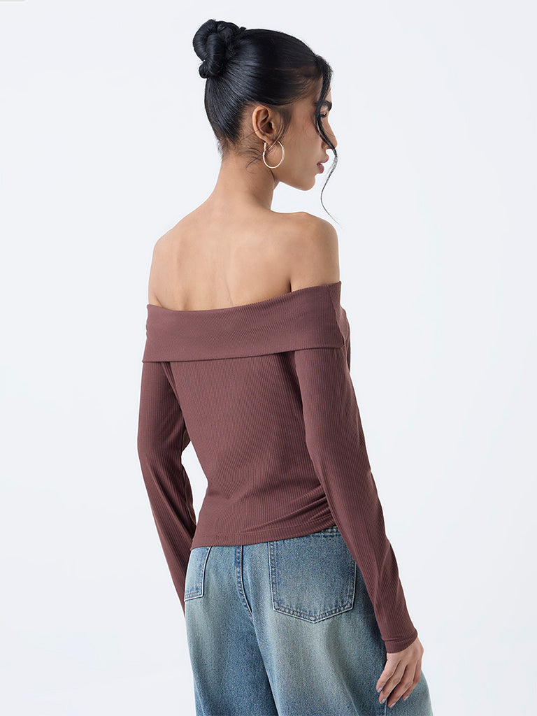 Nuon Brown Ribbed Off-Shoulder Cotton-Blend Top